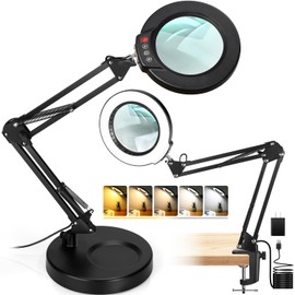 10X Magnifying Glass with Light and Stand, 2-in-1 Desk Lamp & Clamp Light, Seylae 5 Color Modes, Brightness Stepless Dimmable LED Lighted Magnifier Hands Free, Magnifier Lamp with Light for Close Work