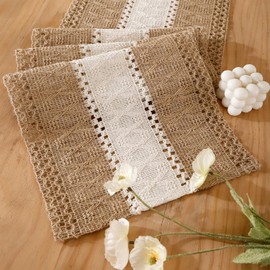 Jute Table Runner Brown Macrame 30 x 140 cm Natural Jute Runner Country House Style Vintage Rectangular Crochet Lace Mesh Table Runner Modern Table Decoration for Wedding Kitchen Dining Table