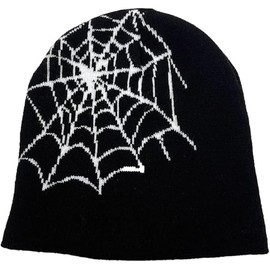 DadaFash Y2K Beanie Gothic Spider Web Graphic Knitted Letter Jacquard Hat Streetwear Outdoor Sports Punk Hip Hop Trend Beanie Winter Warm Hats Knit Skull Cap for Men Women, Black