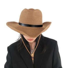 Straw Cowboy Hat for Men Women Wide Brim Sun Hat Cowgirl Panama Hat with Chin Strap Sombrero UV Protection Travel Outdoor Hat, Khaki, One Size