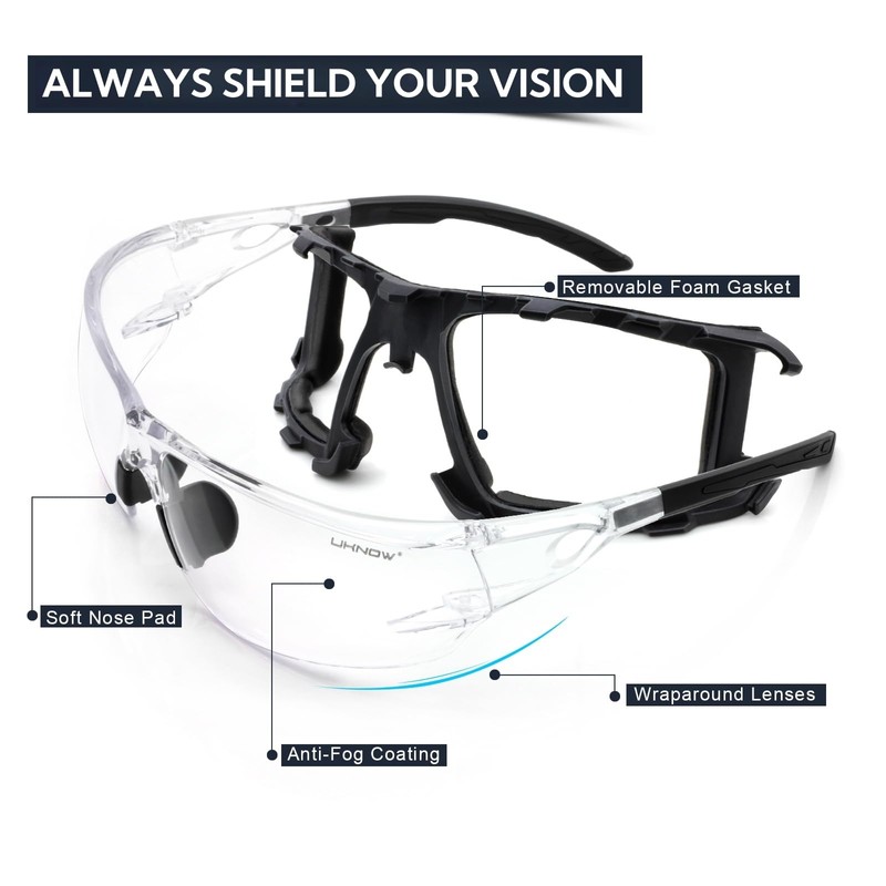 UKNOW Safety Glasses - Anti Fog Wraparound Lenses - Removable