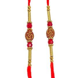 JAGMOR set of 2 OM Rakhi for Brother Bhaiya Bhabhi, Oval Om with Red Crystal and golden Long Rings Rakhi Thread. rakhi set of 2 | rakhi bracelet | | rakhi for boy | Indian Rakhee