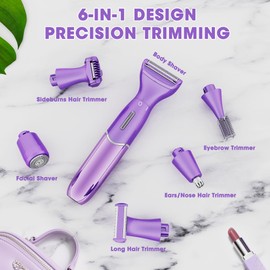 Karrte 6-in-1 Electric Razor for Women's Pubic Hair, Painless Body Shaver and Facial Epilator, Hair Removal for Face, Bikini Trimmer for Women's Private Area Purple