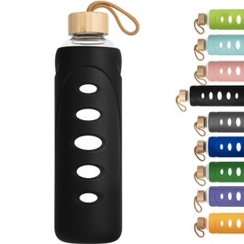 Ferexer Sport 32oz Glass Water Bottle 1000ml /1 liter Borosilicate Glass Water Bottle Reusable Waterbottle Jugwith Silicone Sleeve and Unique Lid (Black