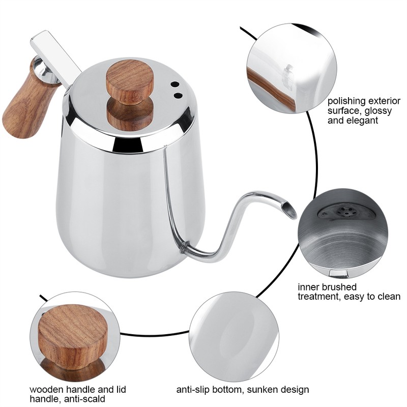 304 Stainless Steel Wooden Handle Drip Coffee Pot Long Gooseneck