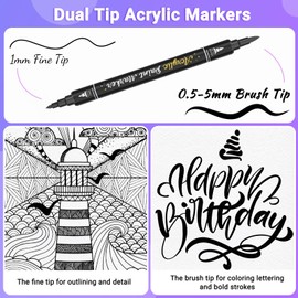 AKARUED Black Paint Marker for Wood: 6 Pack Black Acrylic Paint Pen Dual Tip (Fine & brush), Non-Toxic, Water Based Acrylic Permanent Markers for Rock Painting, Plastic, Metal, Stone, DIY Crafts