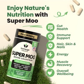 Super Moo Grass Fed Bovine Colostrum - 120 Capsules - Gut Health, Muscle Recovery, Energy, Hair, Skin and Immune Supplement | 50% IgG Cow Colostrum for Humans | Superfood, Gluten Free, Unflavored.
