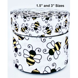 3"  Wide Bumble Bees on White Printed Grosgrain Cheer Hair Bow Ribbon