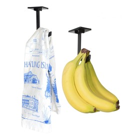 Banana Hanger (2 Pack) – Under Cabinet Hook for Bananas or Lightweight Kitchen Items. Folds-up When Not in Use. Self-adhesive and Pre-drilled Holes (Screws Provided) Keep Bananas Fresh. (Black)