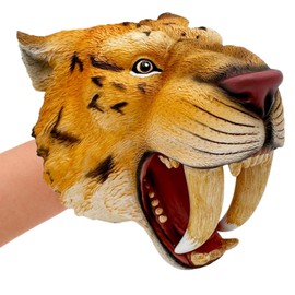 Gemini&Genius Saber-Toothed Tiger Hand Puppet, Saber-Toothed Wild Animal Puppets Toys, Soft Rubber- Realistic Action Figure Toys- Role Play, Storytelling and Play Games for Kids-Yellow