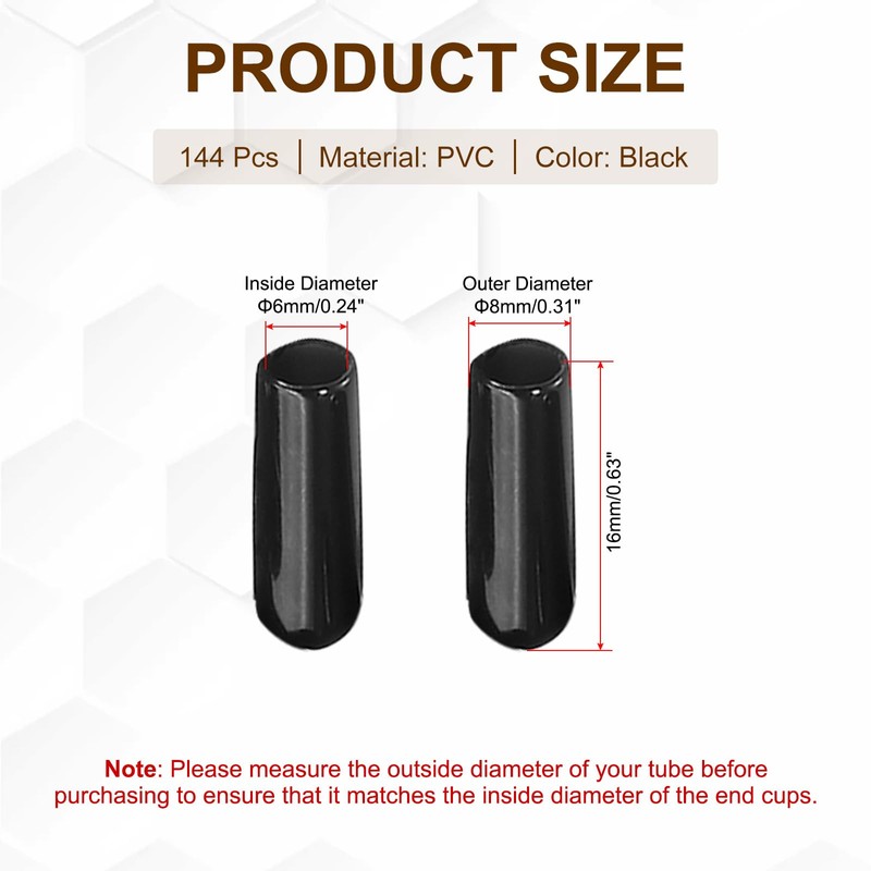 PATIKIL 6mm/0.24" ラバーエンドキャップ、144個のPVCカバー フレキシブルキャップカバー ボルトプロテクター スクリューエンド ボルト チューブ スレッドキャップ、黒
