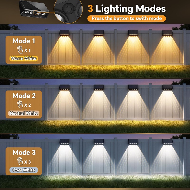 Solar Wall Lights Outdoor, 3000/4000/6500K 3 Modes Fence Lights Solar