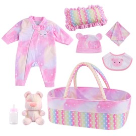 BABESIDE 8 Pcs Reborn Baby Doll Clothes with Bassinet for 17-22 Inch Baby Dolls, Baby Dolls Clothes Doll Accessories fit Newborn Baby Doll Girls, Colorful