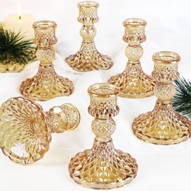 Simeitol Taper Candlestick Holder Set of 6, Glass Gold Taper Candle Holder for Table Centerpieces, Gold Wedding Decor, Fall Decorations for Table, Anniversary, Thanksgiving, Christmas Decor