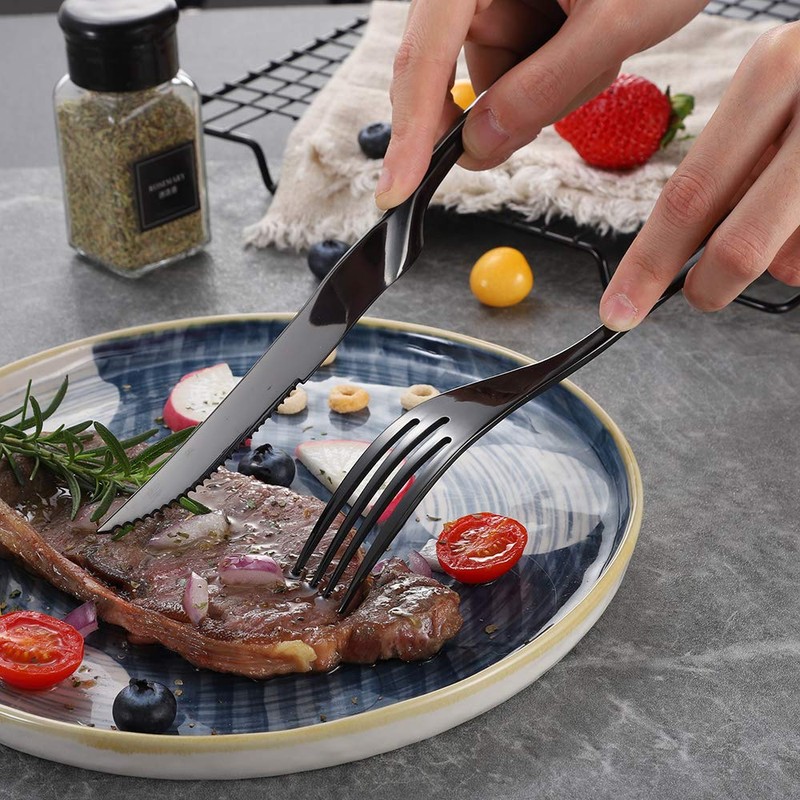 Lemeya Stainless Steel Black Steak Knives Set of 6,Forge Steak