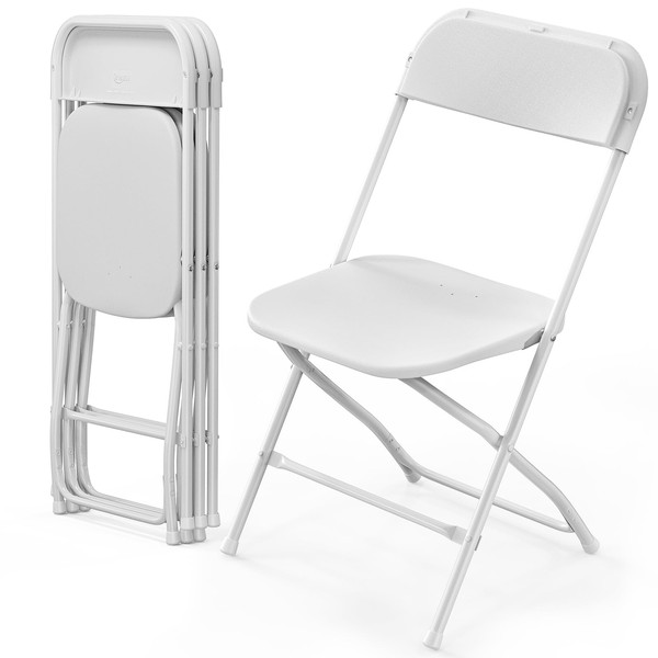 VINGLI 4 Pack White Plastic Folding Chair, Indoor Outdoor Portable Stackable Commercial Seat with Steel Frame 350lb. Capacity for Events Office Wedding Party Picnic Kitchen Dining