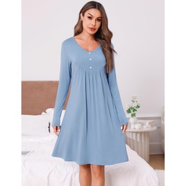 Crewhpo Women's Nightgown Long Sleeve Cotton Baggy Nightdress V Neck Nightshirt Nighties Casual Sleepwear Soft Loungewear Blue