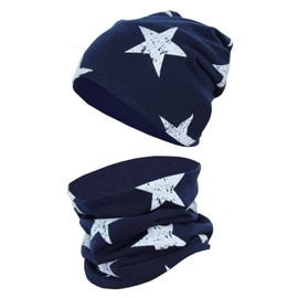 TupTam Unisex Children's Beanie Hat Tube Scarf Set - Stars White/Dark Blue, size: 52-54