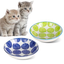 Happy KIT 2pcs Ceramic Cat Food Bowls Indoor,5.7 inch Wide Shallow Bowl for Relief Whisker Friendly,8.5oz Colorful Cute Cats Dish/Dishes with Non-Slip Mat,Microwave Dishwasher Safe, 2 Stamen