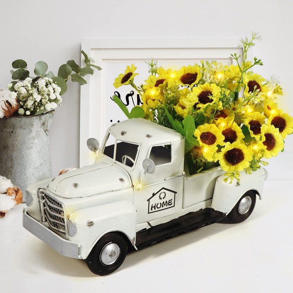 OurWarm Vintage White Truck Decor with Sunflowers Artificial Flowers Farmhouse Table Decor, LED String Lights Metal Truck Sunflower Decor for Home Rustic Farmhouse Tiered Tray Decor, Table Top Decor