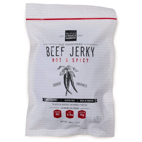 People's Choice Beef Jerky - Old Fashioned - Hot & Spicy - Healthy, Sugar Free, Zero Carb, Gluten Free, Keto Friendly, High Protein Meat Snack - Dry Texture - 1 Pound, 16 oz - 1 Bag
