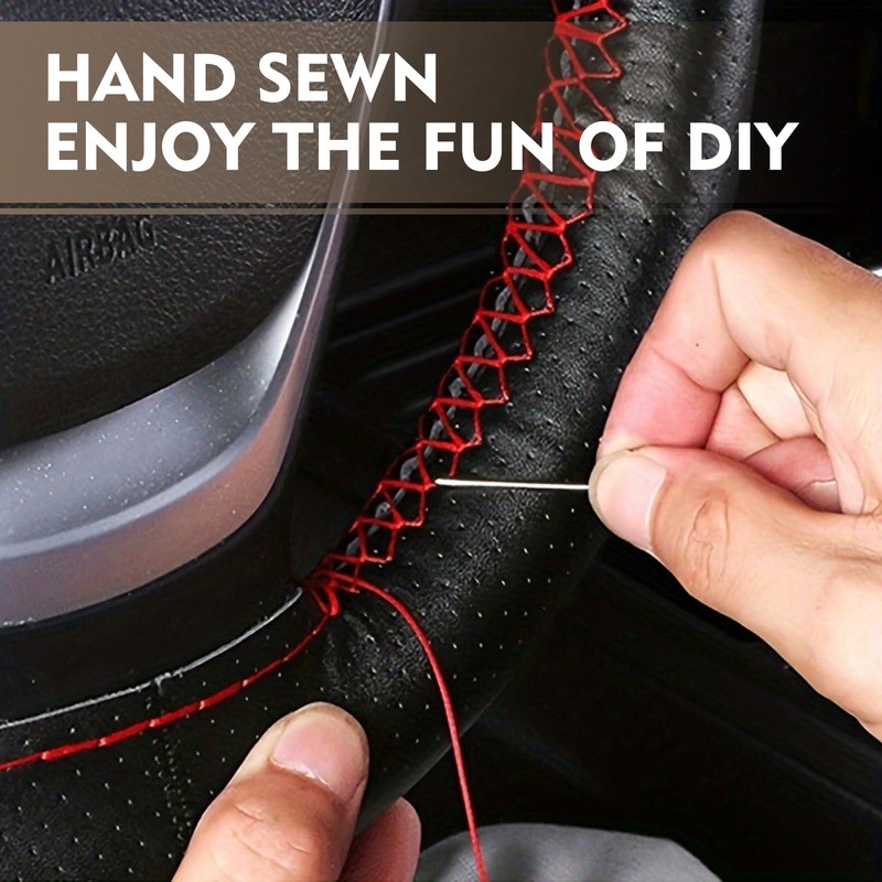 Ferianl Genuine Leather Steering Wheel Cover, 15 Inch Hand Sewing