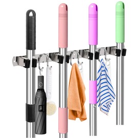 GUUKAR Mop Broom Holder Wall Mount, Silver Stainless Steel Tool Storage Organizer for Kitchen Garden Garage Laundry Room Bathroom and RV with 4 Slots 6 Hooks