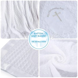 Booulfi Baby Blanket Newborn Girl Boy Blanket Receiving Baby Blanket with Satin Trim, White Knit Thermal Shawl Baptism Christening Towel