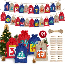 jbcgv 24 Pcs Christmas Advent Calendar Bags - 24 Days Countdown Calendar Bags Burlap Drawstring Gift Bags with Number Tags, Reusable Hanging Countdown Calendar for Candy, Gifts, Xmas Countdown Home