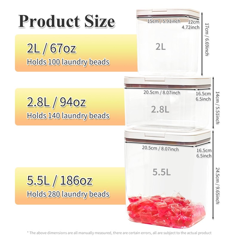 3 Pack Laundry & Dishwasher Pod Container Set,67oz 94oz 186oz