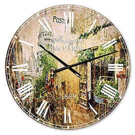 DesignQ French Country Wall Clock 'Vintage Parisian Cards' Brown Round Wall Clock for Living Room Decor