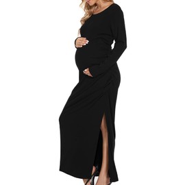 Smallshow Women's Ruched Maternity Dress Split Long Sleeve Pregnancy Clothes Medium,Black