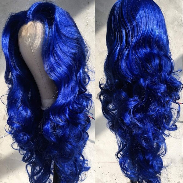 FSLWIGS Blue Lace Front Wig Long Body Wavy Wig Synthetic Hair Look Natural Wigs for Women