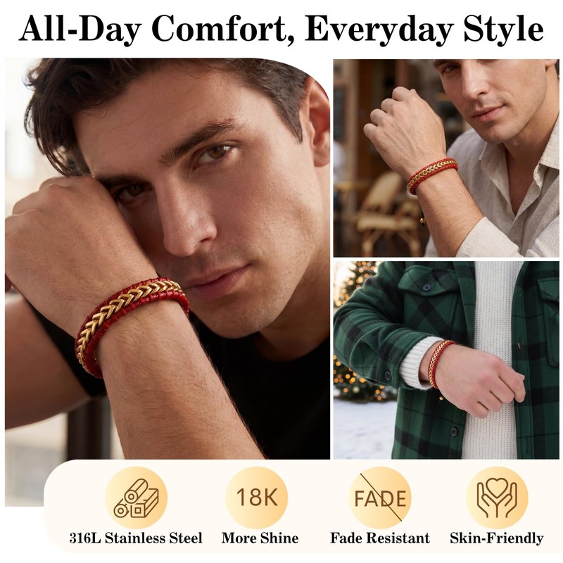 WP WEPICK Braided Leather Bracelets for Men 18K Gold Plated