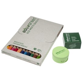 eduGREEN® - Set of 13 - 12 Colouring Pencils with Quality Lead in Grass Cardboard Box, 1 Can Sharpener. Certified Wood Treated with Water-soluble Varnish and Biodegradable Embossing Foil