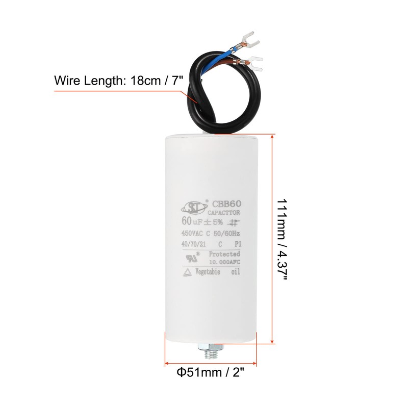 PATIKIL CBB60 60uF Running Capacitor, AC 450V 2 Wires 50/60Hz