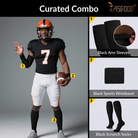 JASGOOD Scrunch Football Socks,Extra Long Padded Athletic Socks for Youth,Boys & Men, Scrunch Socks + Arm Sleeves + Wristbands,Black M