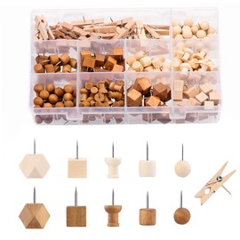 Pack of 240 Wooden Push Pins with Storage Box, Thumbtacks Wood for Cork Panels, Cards, Photos, Calendars, Crafts (11 Styles)