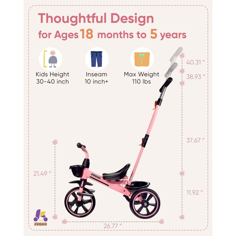 KRIDDO 2-in-1 Toddler Tricycle for Ages 18 Months to 5