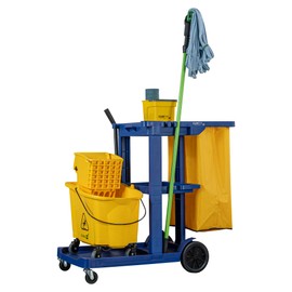 Restaurantware-Clean Tek Professional Janitor Cart with Wheels, 1 Cleaning Trolley with 18 Gallon Bag - 3 Shelves, Heavy-Duty, Blue Plastic Commercial Janitorial Cart, for Restaurants