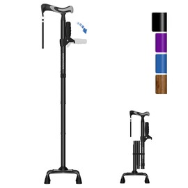 KingPavonini Walking Cane for Women/Men with Second Handle, Foldable & Adjustable Quad Cane with 4-Pronged Base for Standing, Lightweight Walking Aid for Seniors & Adults