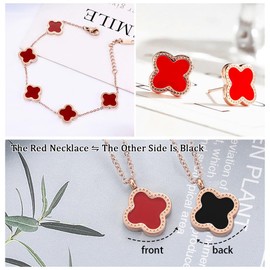 TOFBS Four-Leaf Clover Jewellery Set for Women Girls 18K Rose Gold Plated Stainless Steel Double-sided Red Black Pendant Necklace Stud Earrings Bracelet Jewellery Set (Red)