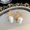 Blooming Flower Drop Cubic Zirconia Big Round Pearl Stud Earrings