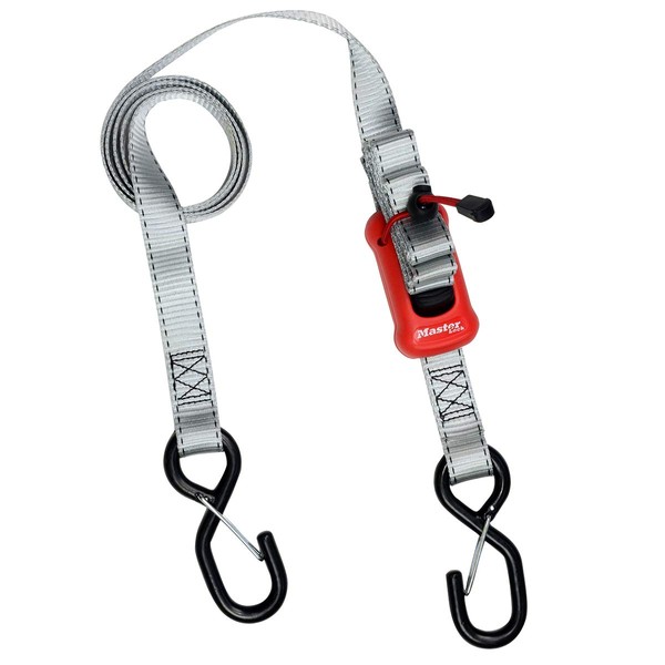 Master Lock 3313EURDAT Tie Down Strap with Hooks and Buckle, Grey, 1,80m x 25mm Straps