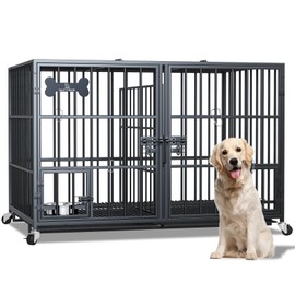 Dosker 42 inch Heavy Duty Metal Dog Crate Cage with Divider for 2 Dogs/Large Dog,All Metal Open Top Escape Proof Cage,Dog Kennel Indoor with Wheels,Floor Grid,Tray,Feeding Bowl