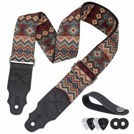 YIKOKO Guitar Strap, Head Layer Cowhide Leather End, 2 Inches Wide, for Acoustic and Bass Electric Guitars, Free Button, 2 Strap Locks and 4 Guitar Picks