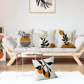 Hnmdmyi Boho Cushion Covers 45 x 45 cm Set of 4, Abstract Leaf Plant Sun Rainbow Decorative Throw Pillow Covers Geometric Minimalist Modern Art Aesthetic Linen Pillowcases for Sofa Couch Home Decor