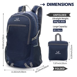 BEIJITA Lightweight Foldable Camping Backpack, Packable Backpack,40L Backpack Foldable Rucksack,Hiking Backpack Daypack for Women Men Travel Camping Outdoor Sports(Deep Blue