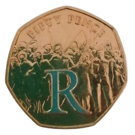 2020 Isle of Man VE Day Victory 75th Anniversary Dual Plated Letter R UNC 50p coin with Heptagon Acrilyc Coin Holder