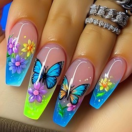 QQPPOLIU Long Coffin Press on Nails with Flower Design Fake Nails Butterfly False Nails Glue on Nails for Women 24pcs